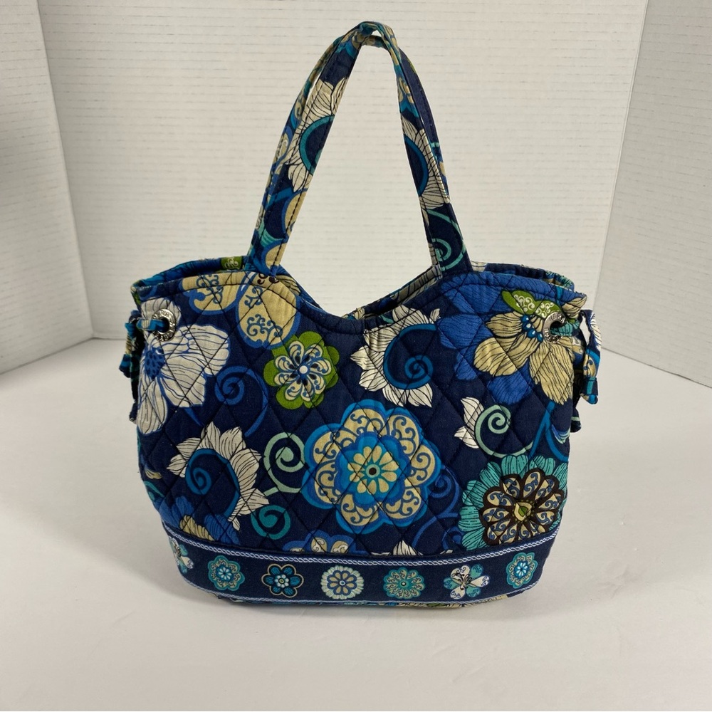 Vera Bradley Purse Medium Blue Floral Cotton Bag Satchel Handbag Snap Button EUC
